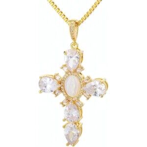 Gold Tone Virgin Mary Cross Cubic Zirconia Pendant Necklace 17.5 Inch Women